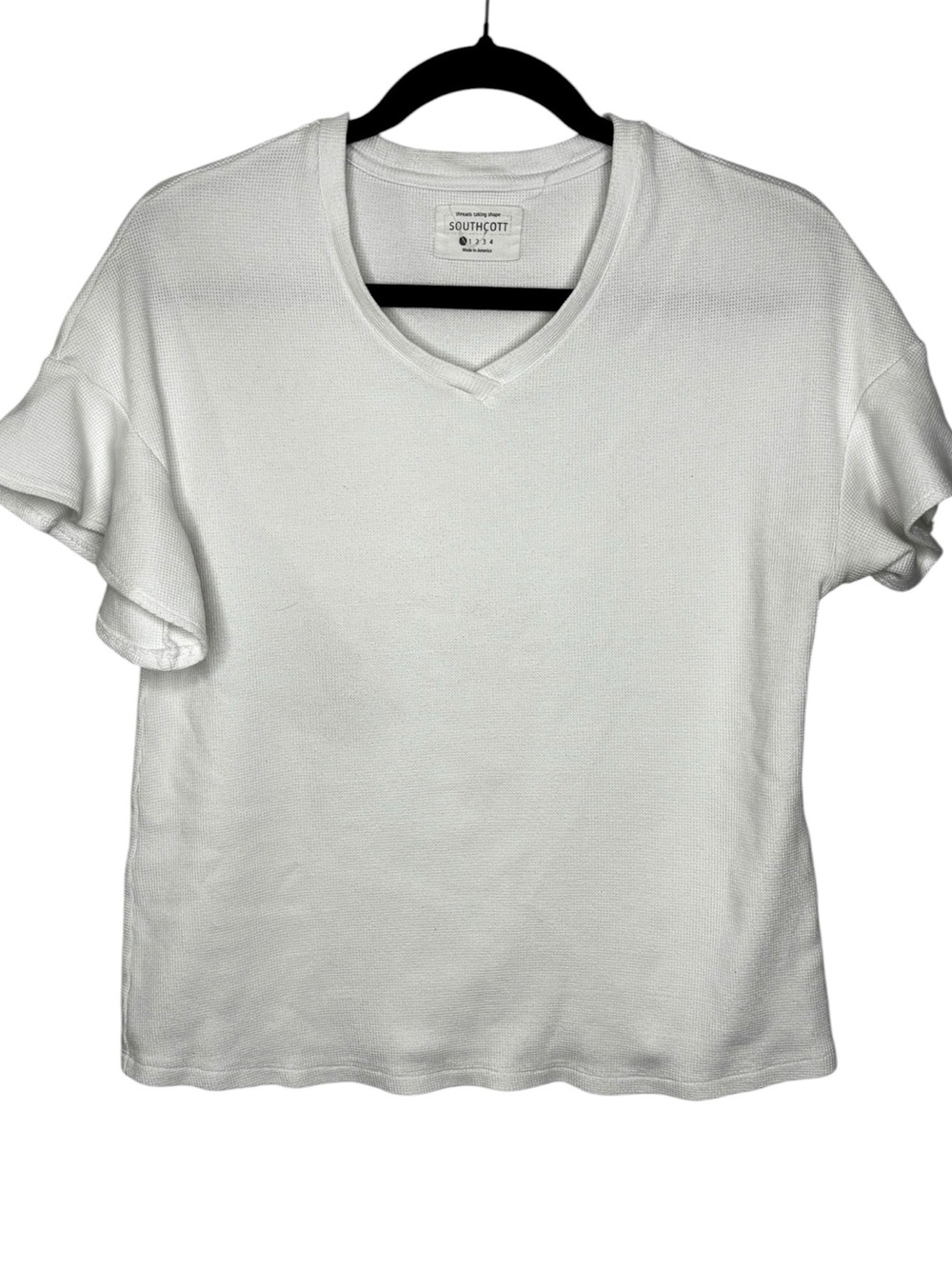Southcott White Therma Knit V-Neck Top Ruffle Flutter Sleeve Minimalist XStretch